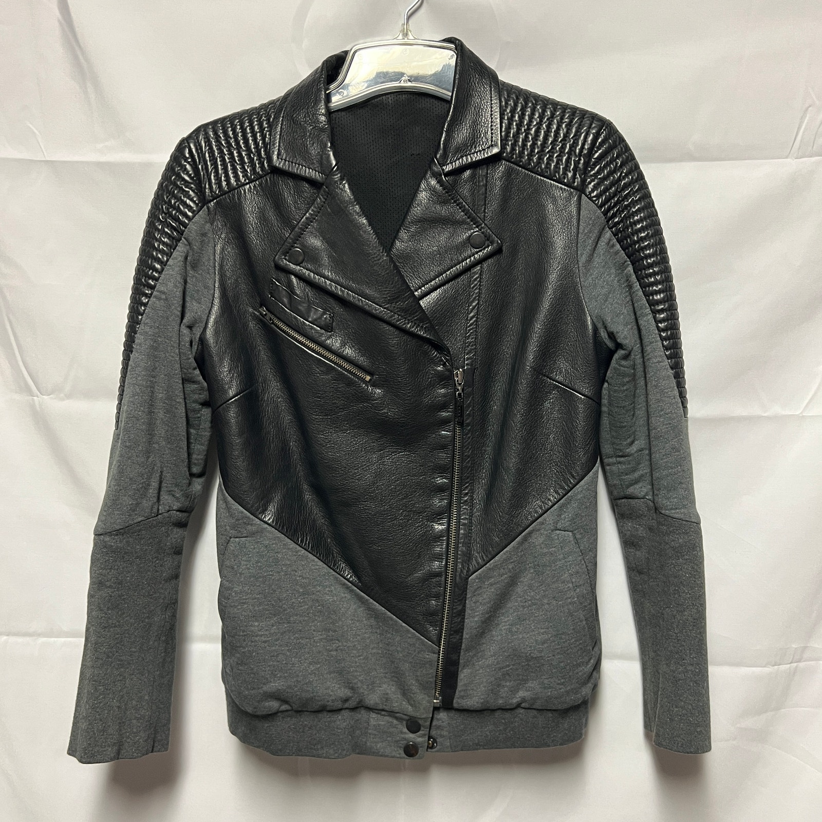 Francis Leon Leather Cotton Black/Gray Women's Moto Jacket Size Small Full Zip